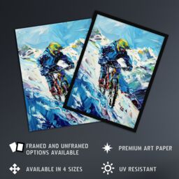 "Artery8 Snow Mountain Biker Snowbike Race Sport Painting Wall Art Print in Blue - Size: W24"" x H32""" - thumbnail 2