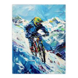 "Artery8 Snow Mountain Biker Snowbike Race Sport Painting Wall Art Print in Blue - Size: W24"" x H32""" - thumbnail 1