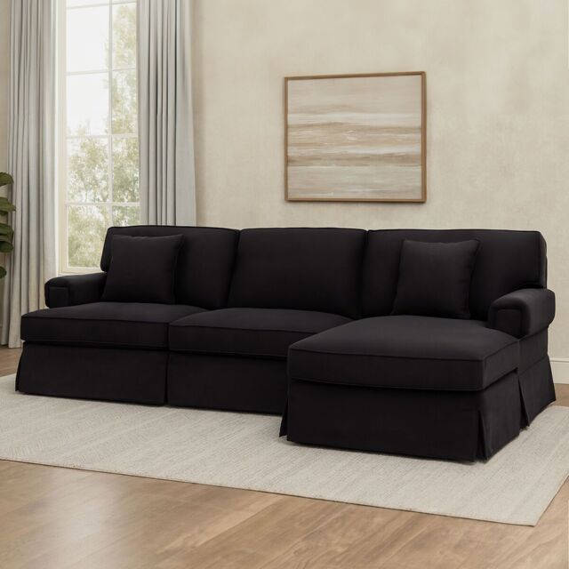 Orsina Three‑Seat Black Velvet Chaise Sofa, Black Velvet Upholstery with Wooden Base, Padded Key‑Style Arms - image 1