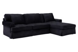 Orsina Three‑Seat Black Velvet Chaise Sofa, Black Velvet Upholstery with Wooden Base, Padded Key‑Style Arms - thumbnail 4