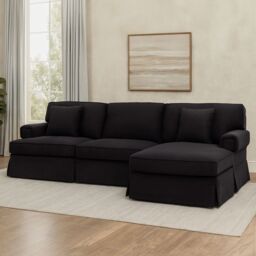Orsina Three‑Seat Black Velvet Chaise Sofa, Black Velvet Upholstery with Wooden Base, Padded Key‑Style Arms - thumbnail 1