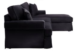 Orsina Three‑Seat Black Velvet Chaise Sofa, Black Velvet Upholstery with Wooden Base, Padded Key‑Style Arms - thumbnail 3