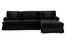 Orsina Three‑Seat Black Velvet Chaise Sofa, Black Velvet Upholstery with Wooden Base, Padded Key‑Style Arms - thumbnail 6