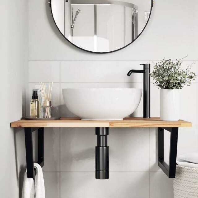 Berkfield Home Elegant Basin Shelf Wall Mounted Steel & Solid Wood Acacia in Brown - image 1