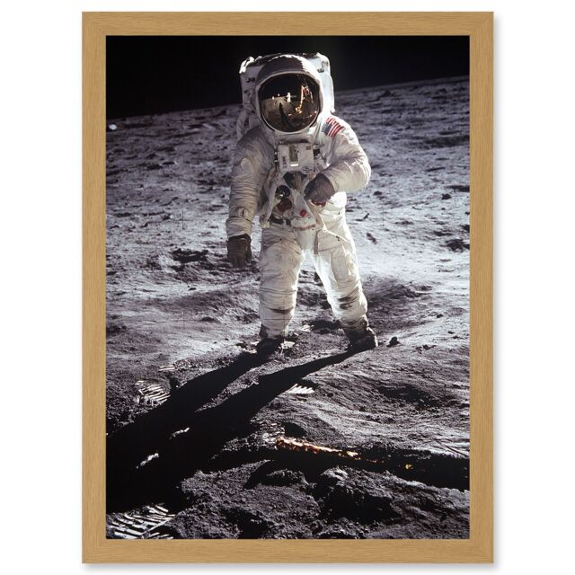 Artery8 Apollo 11 Astronaut Aldrin Armstrong 50th Anniversary Moon Landing A4 Artwork Framed Wall Art Print in Light Oak - image 1