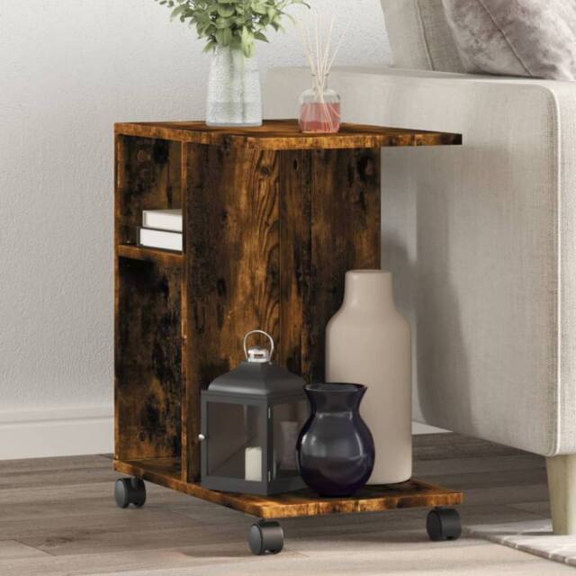 Berkfield Home Side Table with Wheels Smoked Oak 50x30x55 cm Engineered Wood in Brown - Size: 50 x 30 x 55 cm - image 1