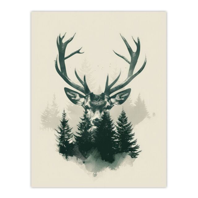 "Artery8 Wall Art Print Stag Head & Pine Trees Forest Design Poster in Green - Size: W24"" x H32""" - image 1