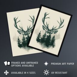 "Artery8 Wall Art Print Stag Head & Pine Trees Forest Design Poster in Green - Size: W24"" x H32""" - thumbnail 2