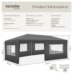 tectake Gazebo Novara with 5 side panels, water-resistant, 6x3m in Grey - Size: Large - thumbnail 6