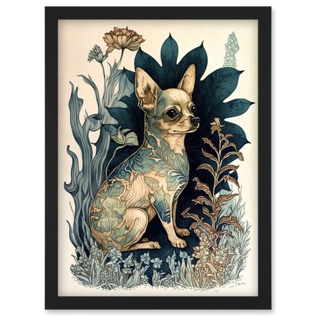 Artery8 Chihuahua Dog With Floral Pattern Fur Coat Modern Portrait in Flower Field Illustration Artwork Framed Wall Art Print A4 in Black - image 1