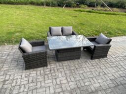 Fimous High Back Rattan Garden Furniture Sofa Sets with Height Adjustable Rising Lifting Table Side Table Big Footstool in Dark Grey - thumbnail 2
