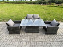 Fimous High Back Rattan Garden Furniture Sofa Sets with Height Adjustable Rising Lifting Table Side Table Big Footstool in Dark Grey - thumbnail 1