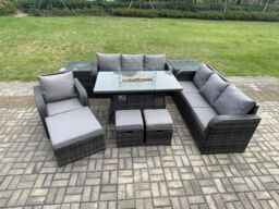 Fimous Wicker Rattan Garden Furniture Set Gas Fire Pit Dining Table Reclining Chair 3 Seater Sofa Set Indoor Outdoor with 2 Side Tables 3 Footstools - thumbnail 1