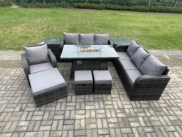 Fimous Wicker Rattan Garden Furniture Set Gas Fire Pit Dining Table Reclining Chair 3 Seater Sofa Set Indoor Outdoor with 2 Side Tables 3 Footstools - thumbnail 3