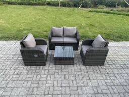 Fimous Wicker PE Rattan Garden Furniture Set Outdoor Lounge Sofa Set with Love Sofa Square Coffee Table Dark Grey Mixed - thumbnail 1