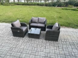 Fimous Wicker PE Rattan Garden Furniture Set Outdoor Lounge Sofa Set with Love Sofa Square Coffee Table Dark Grey Mixed - thumbnail 2