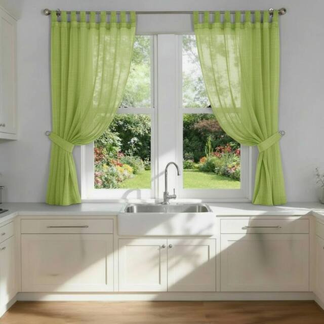 Luxury Living Voile Tab Top Curtain Pair with Crystal Tie Backs Sheer Window Panels in Lime - Size: 145 cm width x 122 cm drop - image 1