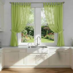 Luxury Living Voile Tab Top Curtain Pair with Crystal Tie Backs Sheer Window Panels in Lime - Size: 145 cm width x 122 cm drop - thumbnail 1