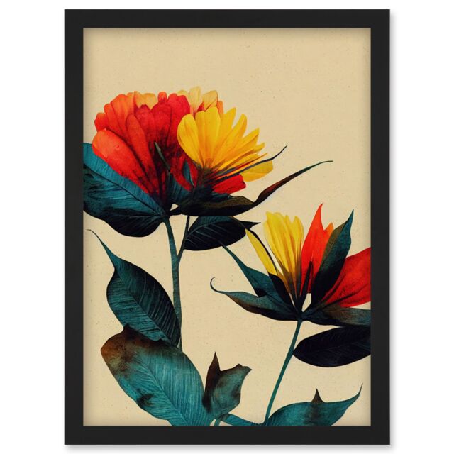 Artery8 Botanical Bold Flowering Yellow Red Teal Artwork Framed Wall Art Print A4 in Black - image 1