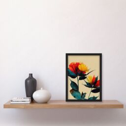Artery8 Botanical Bold Flowering Yellow Red Teal Artwork Framed Wall Art Print A4 in Black - thumbnail 2