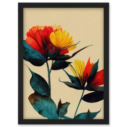 Artery8 Botanical Bold Flowering Yellow Red Teal Artwork Framed Wall Art Print A4 in Black - thumbnail 1