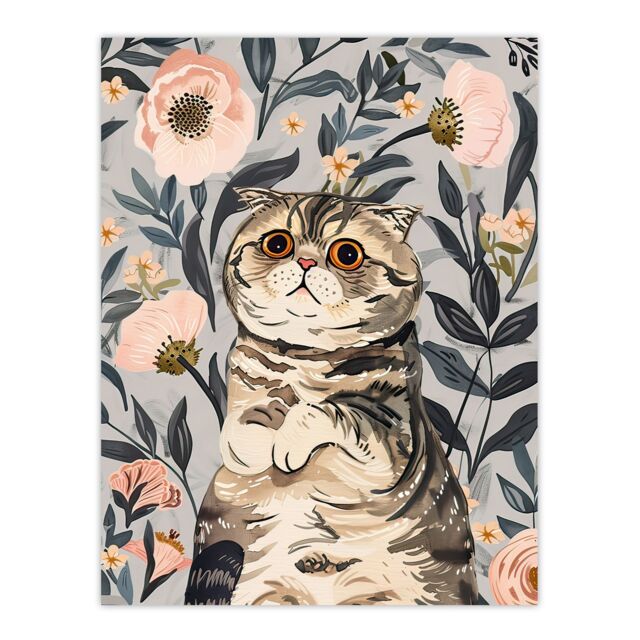 "Artery8 Cat Lover Cute Scottish Fold with Pink Poppies Wall Art Print in Blue - Size: W24"" x H32""" - image 1
