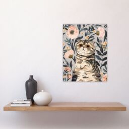 "Artery8 Cat Lover Cute Scottish Fold with Pink Poppies Wall Art Print in Blue - Size: W24"" x H32""" - thumbnail 4