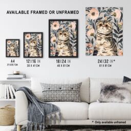 "Artery8 Cat Lover Cute Scottish Fold with Pink Poppies Wall Art Print in Blue - Size: W24"" x H32""" - thumbnail 3