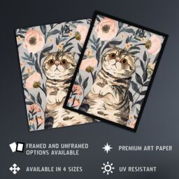 "Artery8 Cat Lover Cute Scottish Fold with Pink Poppies Wall Art Print in Blue - Size: W24"" x H32""" - thumbnail 2