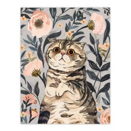 "Artery8 Cat Lover Cute Scottish Fold with Pink Poppies Wall Art Print in Blue - Size: W24"" x H32""" - thumbnail 1
