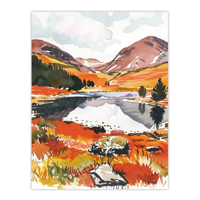 "Artery8 Cairngorms National Park Autumn Heather Lake Wall Art Print in Orange - Size: W24"" x H32""" - image 1