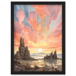 Artery8 Mono Lake Atmospheric Clouds at Dawn Break Modern Watercolour Painting Artwork Framed Wall Art Print A4 in Black - thumbnail 1