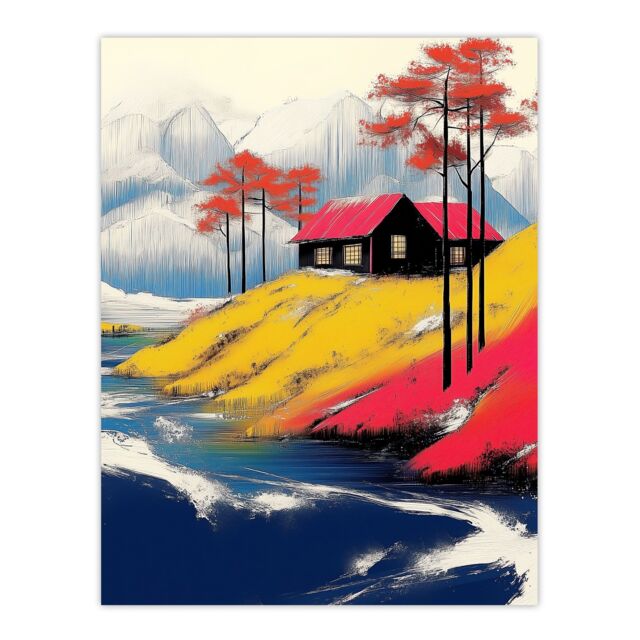 "Artery8 Fjord House Rural Winter Landscape Painting Wall Art Print in Yellow - Size: W24"" x H32""" - image 1