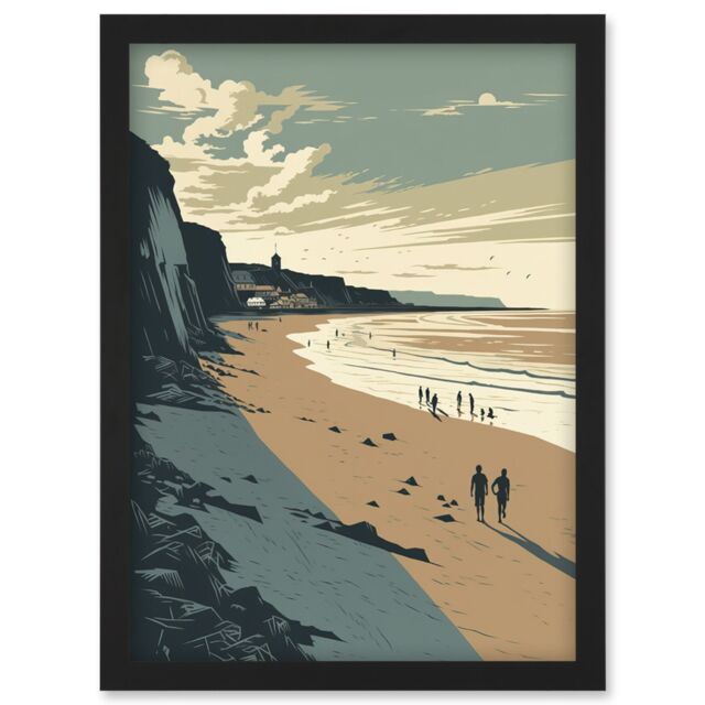 Artery8 People Walking on Filey Beach Coastal Illustration Artwork Framed Wall Art Print A4 in Black - image 1