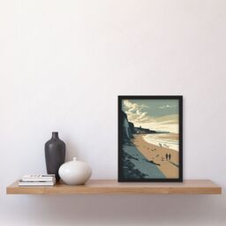 Artery8 People Walking on Filey Beach Coastal Illustration Artwork Framed Wall Art Print A4 in Black - thumbnail 2