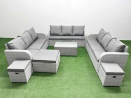 Fimous PE Rattan Lounge Sofa Set 12 Seater Outdoor Garden Furniture Set with Rectangular Coffee Table 3 Seater Sofa 3 Stools Light Grey - thumbnail 1
