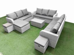 Fimous PE Rattan Lounge Sofa Set 12 Seater Outdoor Garden Furniture Set with Rectangular Coffee Table 3 Seater Sofa 3 Stools Light Grey - thumbnail 2