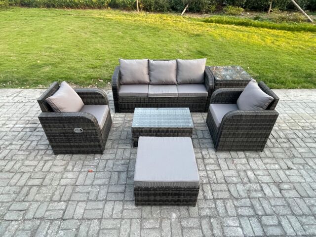 Fimous Outdoor Rattan Garden Furniture Set 6 Seater Patio Lounge Sofa Set with Reclining Chair Rectangular Coffee Table in Dark Grey - image 1