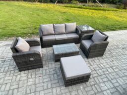 Fimous Outdoor Rattan Garden Furniture Set 6 Seater Patio Lounge Sofa Set with Reclining Chair Rectangular Coffee Table in Dark Grey - thumbnail 2