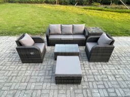 Fimous Outdoor Rattan Garden Furniture Set 6 Seater Patio Lounge Sofa Set with Reclining Chair Rectangular Coffee Table in Dark Grey - thumbnail 1