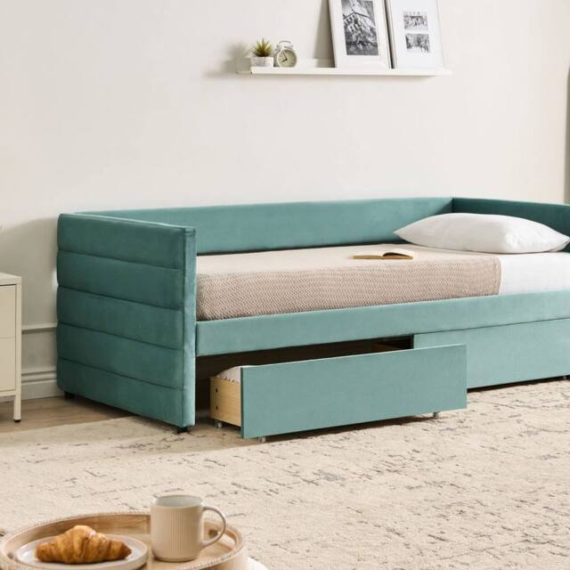 Wyld and Coco Mint Green Velvet Daybed 3ft Single Quilted Upholstery and Drawers - image 1