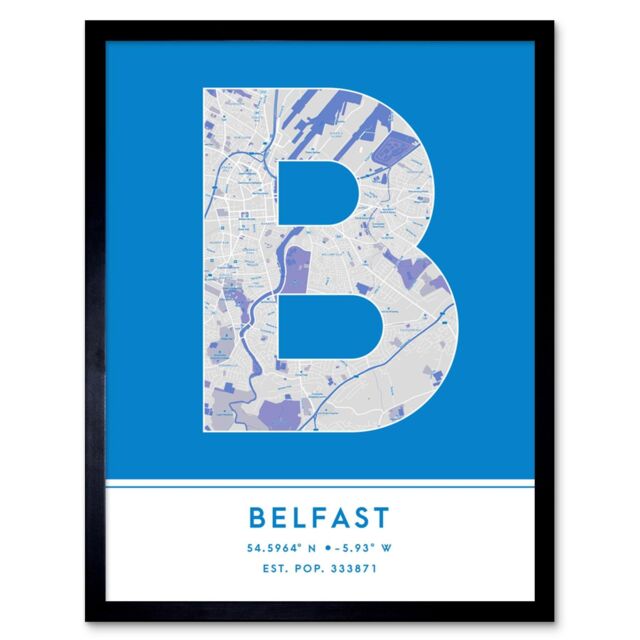 "Wee Blue Coo Wall Art Print Belfast Northern Ireland United Kingdom City Map Modern Typography Stylish Letter Framed Word in Blue - Size: W12"" x H16""" - image 1
