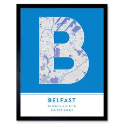 "Wee Blue Coo Wall Art Print Belfast Northern Ireland United Kingdom City Map Modern Typography Stylish Letter Framed Word in Blue - Size: W12"" x H16""" - thumbnail 1