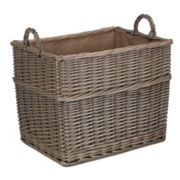 Red Hamper Wicker Rectangular Hessian Lined Log Storage Basket in Brown - thumbnail 1