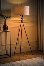 ValueLights Camden Black Metal Tripod Floor Lamp with Grey Drum Lamp Shade - thumbnail 2