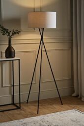 ValueLights Camden Black Metal Tripod Floor Lamp with Grey Drum Lamp Shade - thumbnail 1