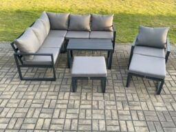 Fimous Aluminium Outdoor Garden Furniture Set Lounge Sofa Oblong Coffee Table Sets with Chair 2 Big Footstools Indoor Conservatory Set Dark Grey - thumbnail 2