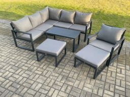 Fimous Aluminium Outdoor Garden Furniture Set Lounge Sofa Oblong Coffee Table Sets with Chair 2 Big Footstools Indoor Conservatory Set Dark Grey - thumbnail 1