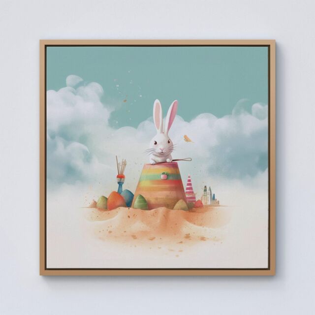 "Warren Reed - Designer White Rabbit On A Beach Holiday Framed Canvas in Light Brown - Size: W30"" x H30""" - image 1