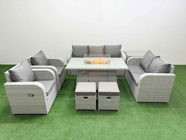 Fimous PE Rattan Garden Furniture Set Reclining Chair Sofa Double Love Seat 2 Seater Sofa Lounge Set Firepit Dining Table 2 Stools Side Table Light - image 1